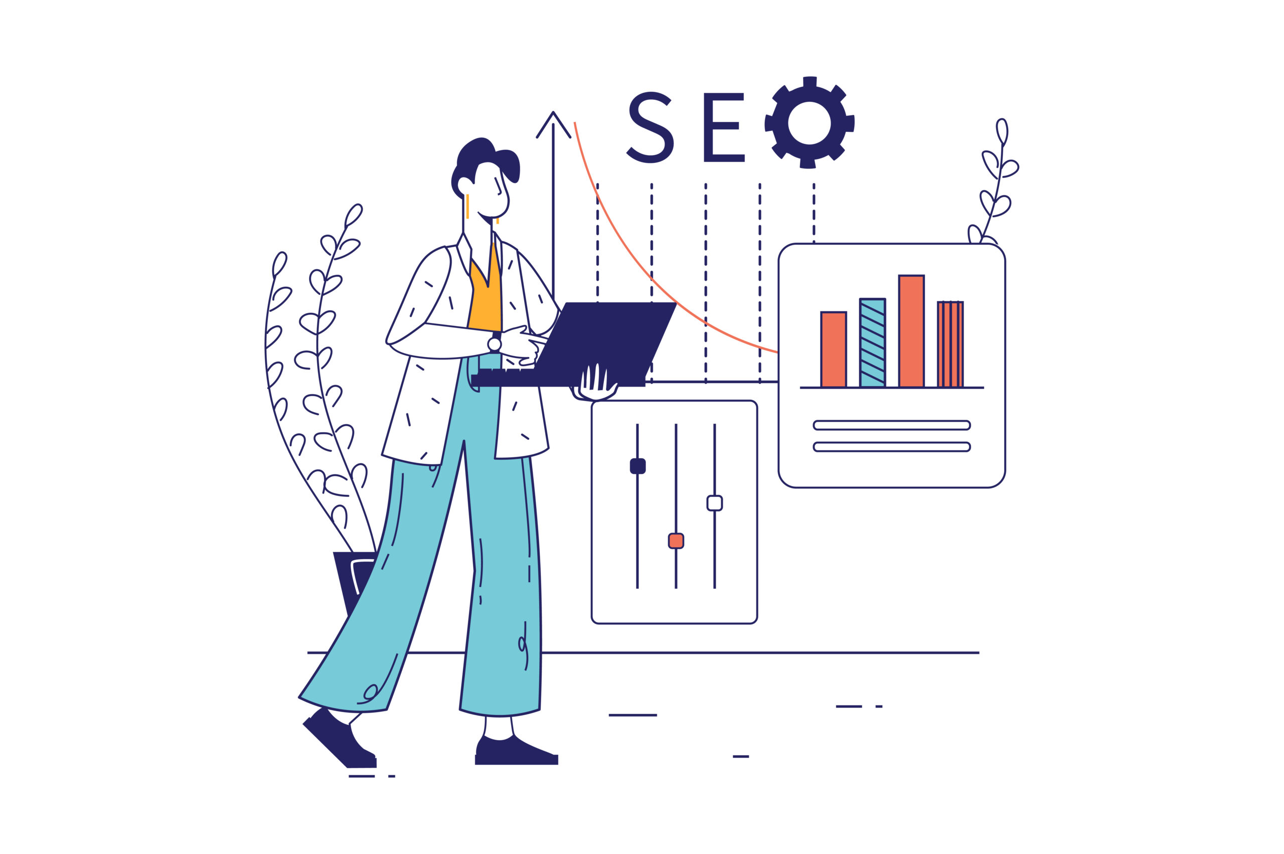 Yapay zekâ destekli SEO optimizasyonunu simgeleyen dijital illüstrasyon: bir arama motoru arayüzü üzerinde çalışan yapay zekâ konsepti.