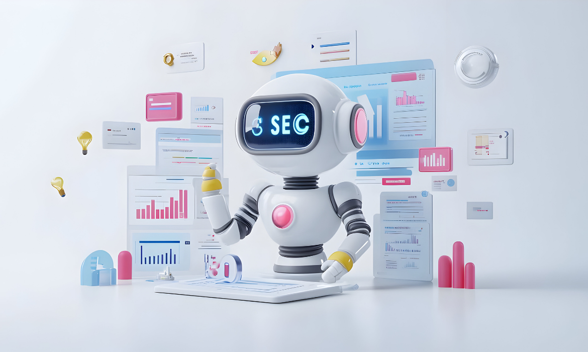 2025 yılında yapay zeka destekli SEO stratejilerini temsil eden küresel dijital harita ve veri odaklı infografik tasarım.