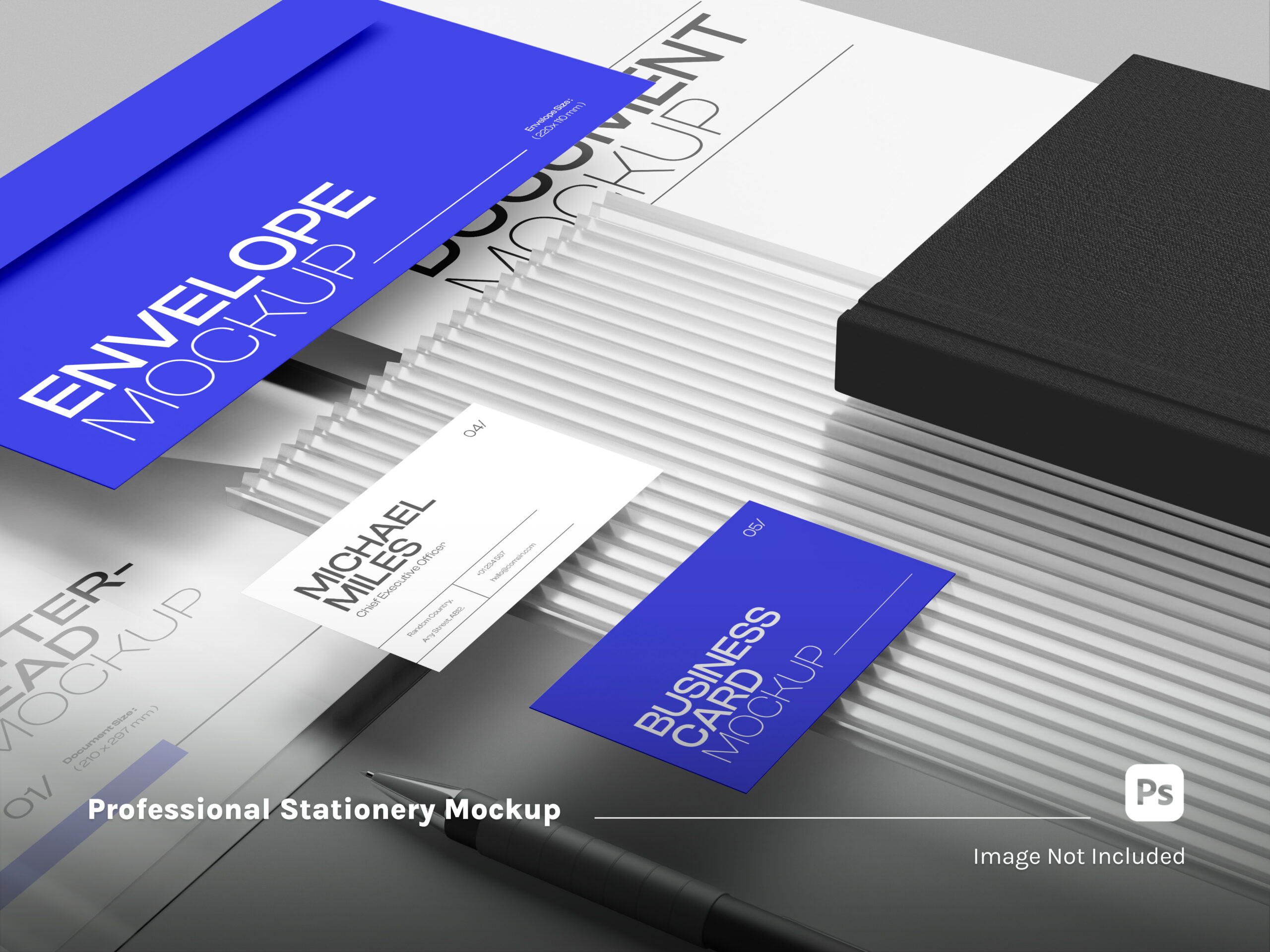 Kurumsal marka kimliği sunumu: logo, kartvizit, broşür ve sosyal medya tasarımları içeren masaüstü mockup