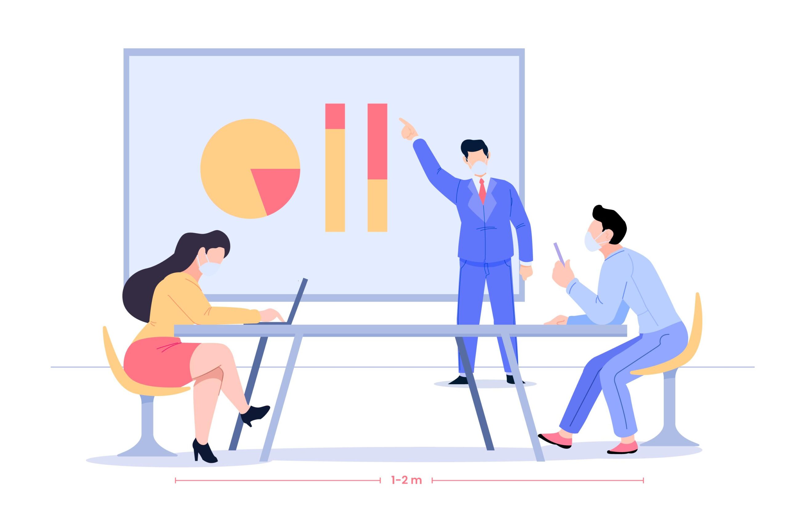 Sunum yapan iş insanı ve strateji toplantısı sırasında mesafeli şekilde çalışan ekip üyeleri.